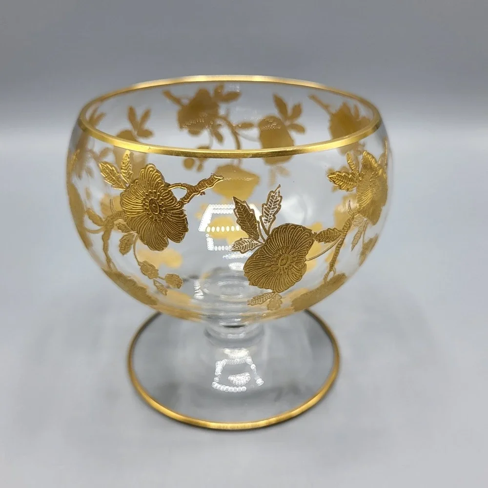 Vintage MCM Gold Encrusted Floral Glass Compote Footed Bowl Dish Clear
